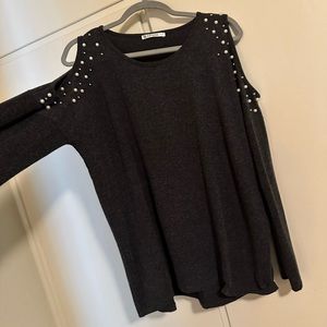 Never worn dark grey lightweight cold shoulder with Pearl & silver colored beads